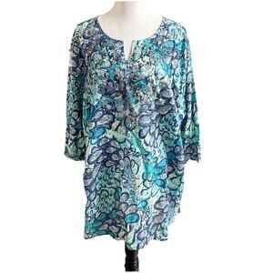 Avenue Handcrafted Tunic Plus Size 26/28 NWT Tropical Print Studded Neckline Blu